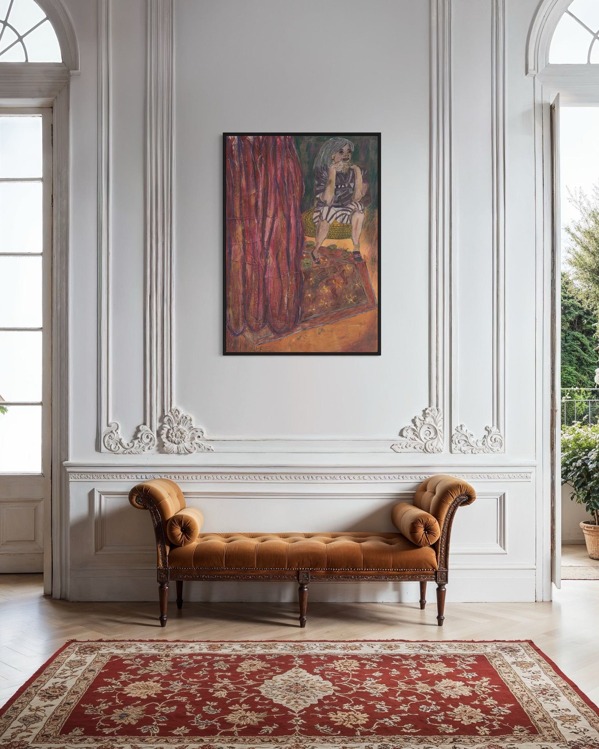 Brown velvet bench in a room with decorative wall molding and a painting.