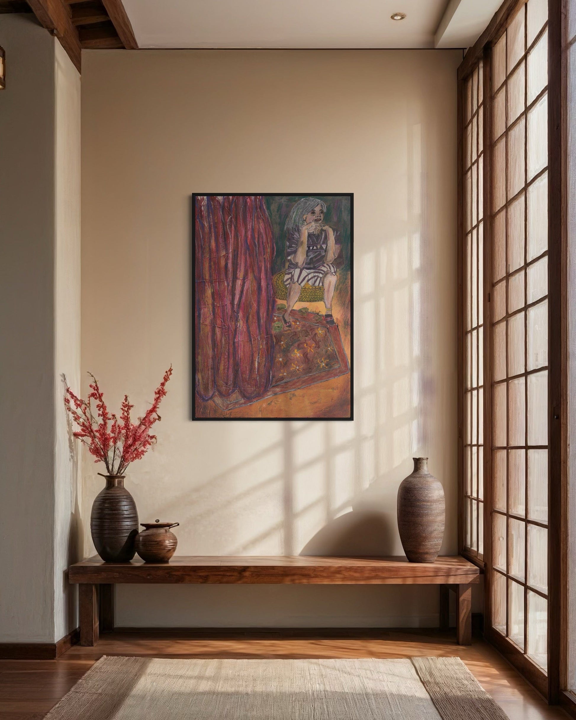 Room interior with a wooden bench, vases, and a colorful painting on the wall.