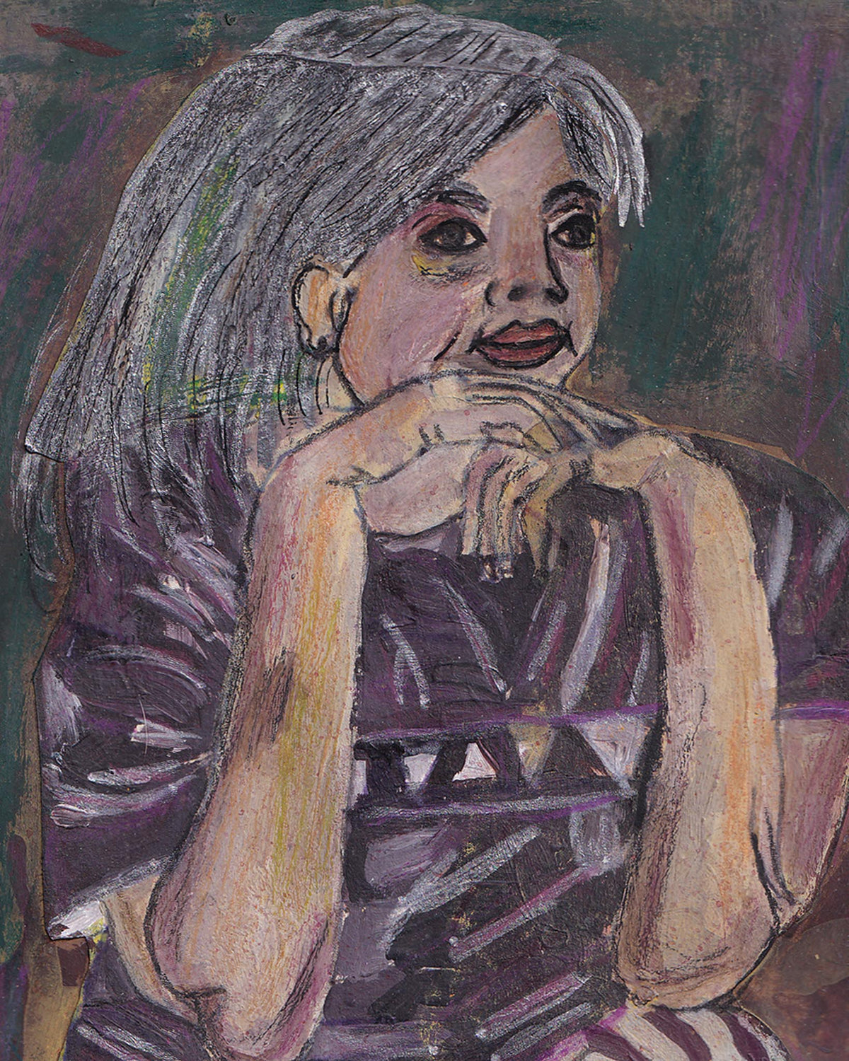 Artistic depiction of a person with gray hair and a dark top, sitting on a chair.