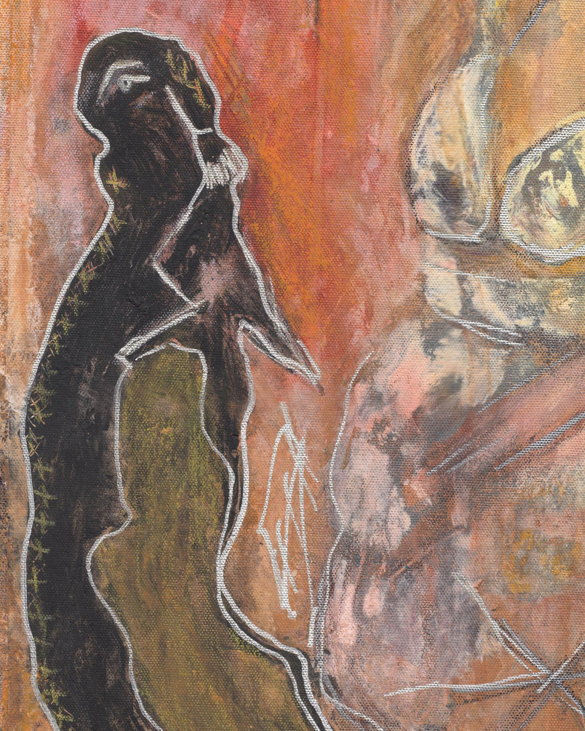 Abstract artwork with a figure and a mask on a textured background