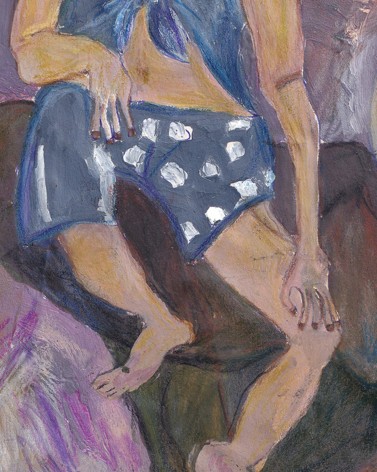 Artistic depiction of a person wearing blue shorts with white polka dots, sitting on a dark surface.