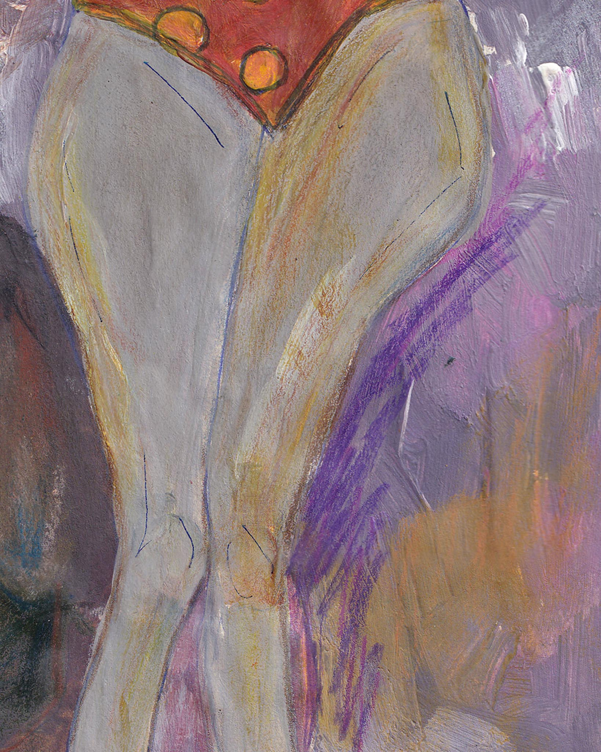 Abstract painting with a focus on a red object and purple strokes