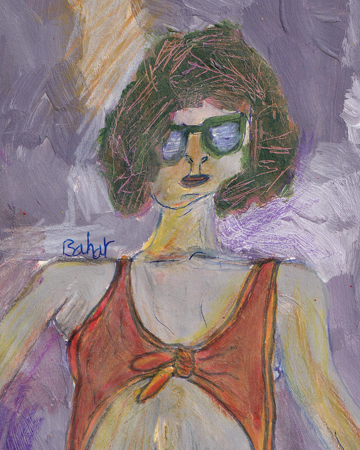 Painting of a person wearing sunglasses and an orange top with a bow, signed 'Bahar'.