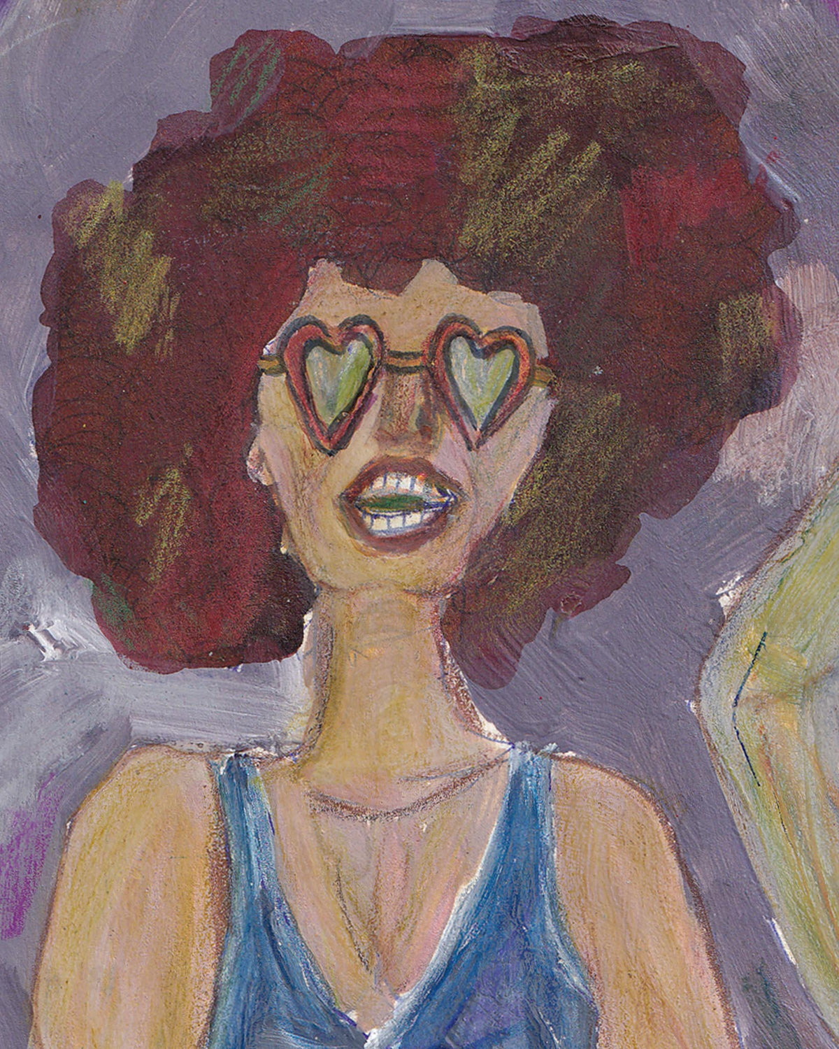 Artistic depiction of a person with a large afro wearing heart-shaped sunglasses on a textured gray background.