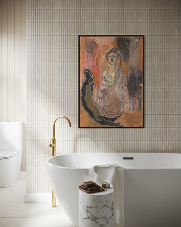 Bathroom interior with a freestanding bathtub, gold faucet, and abstract painting on the wall.