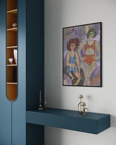 Modern interior with a blue cabinet, decorative shelf, and abstract painting of two women.