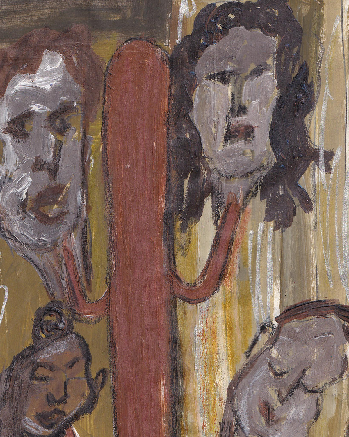 Abstract artwork with stylized faces and a central vertical form on a yellow background