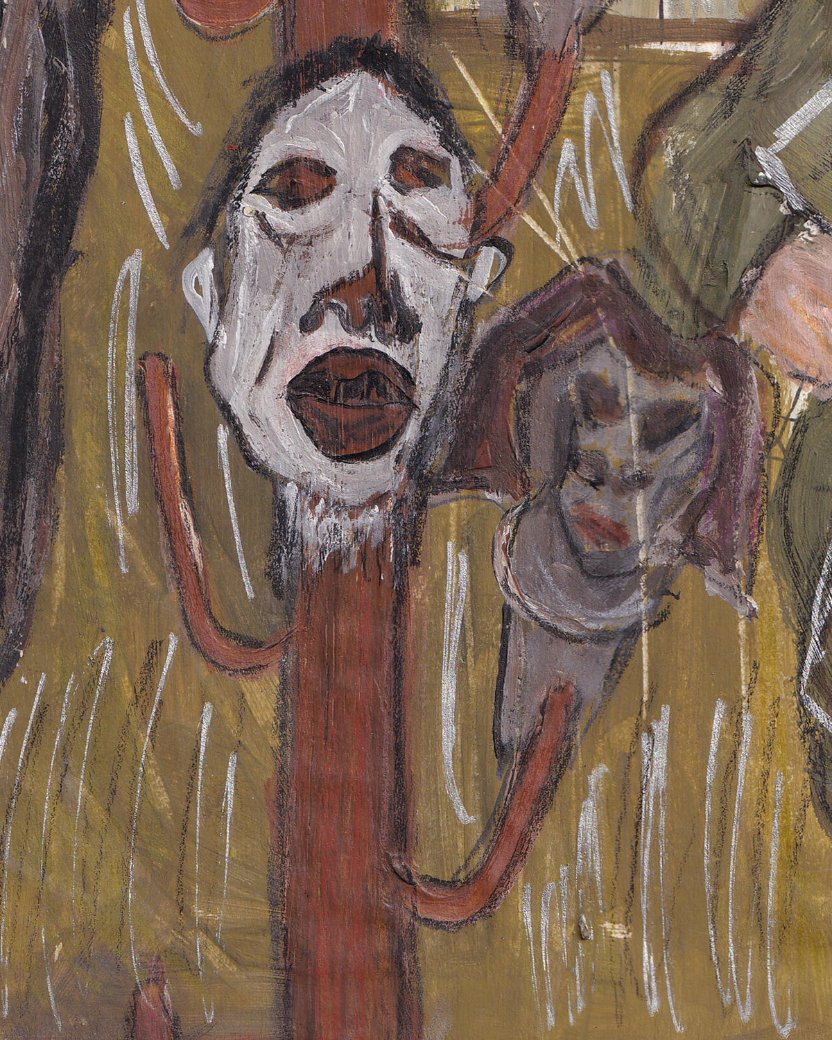 Abstract artwork with a face-like figure on a brown background