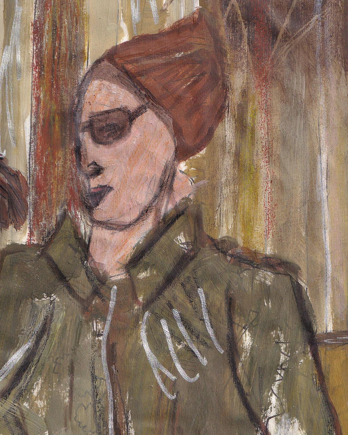 Painting of a person wearing a green jacket with a blurred background