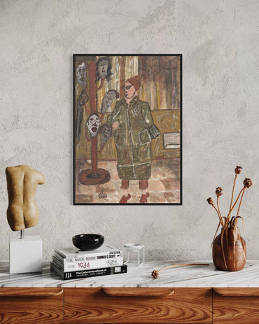 Framed artwork on a wall above a wooden shelf with decorative items.