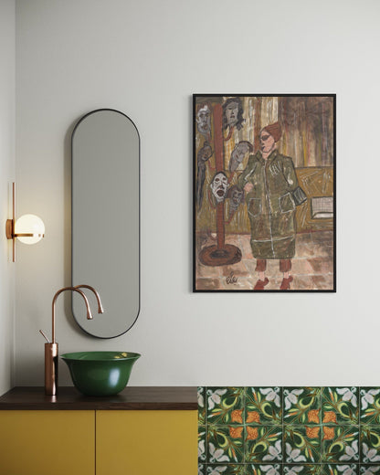 Modern bathroom interior with a mirror, sink, and wall art.