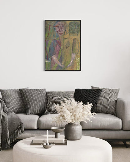 Living room with a gray sofa, decorative pillows, a vase with flowers, and a colorful abstract painting on the wall.