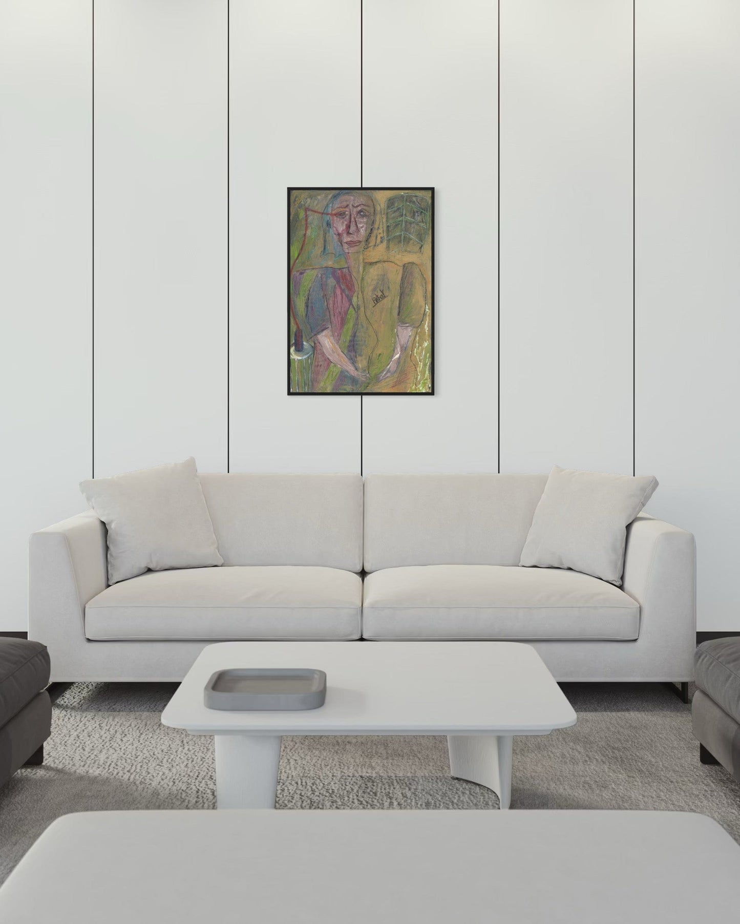 Modern living room with a gray sofa, coffee table, and abstract painting on the wall.