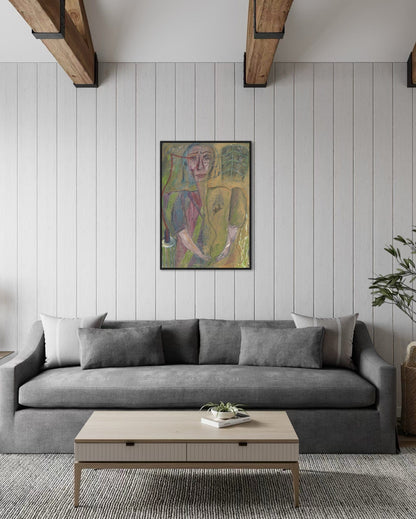 Living room with a gray sofa, wooden coffee table, and abstract painting on the wall.
