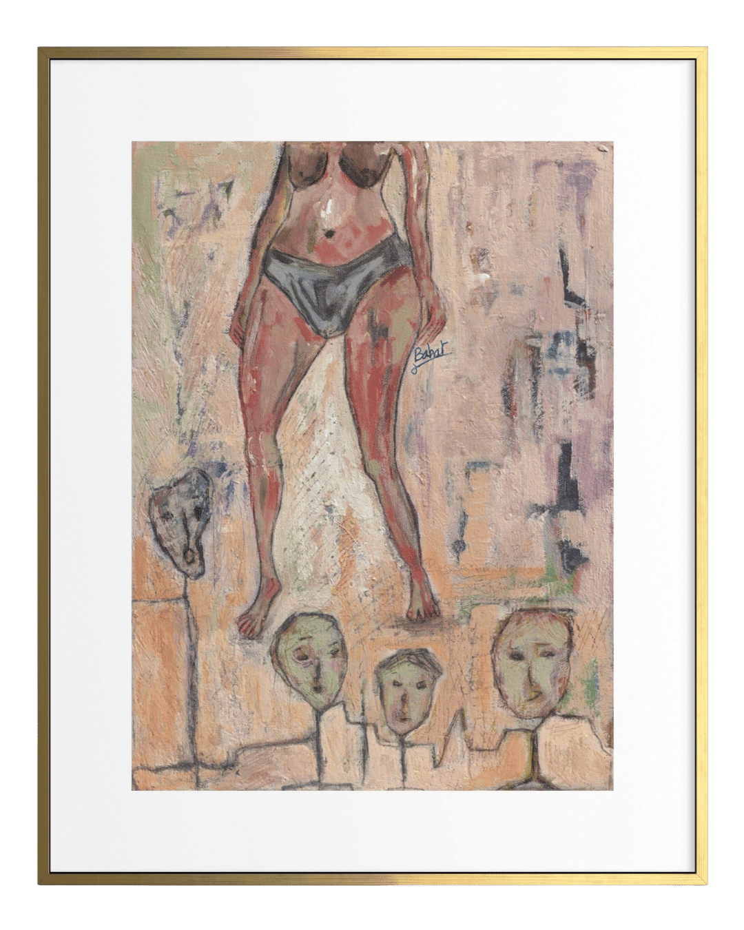 Abstract artwork with a figure and faces in a frame