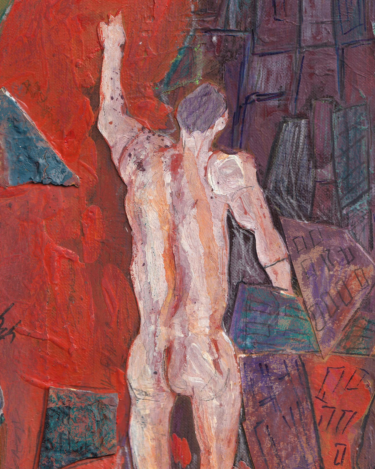 Abstract painting of a nude figure with geometric shapes and vibrant colors