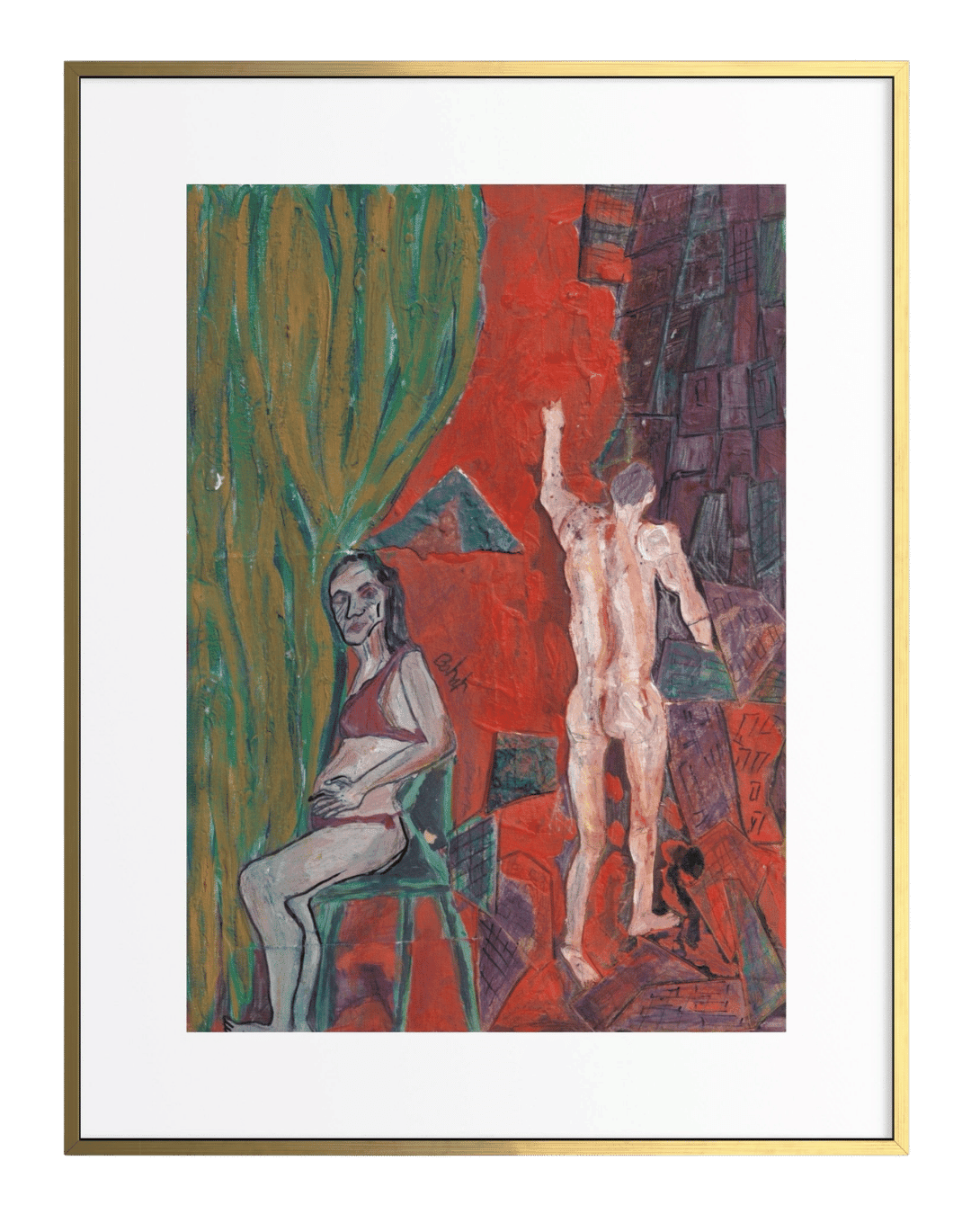 Framed artwork of two figures in a stylized setting with abstract elements.