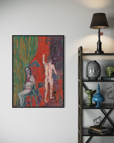 Framed abstract artwork on a wall next to a shelf with decorative items