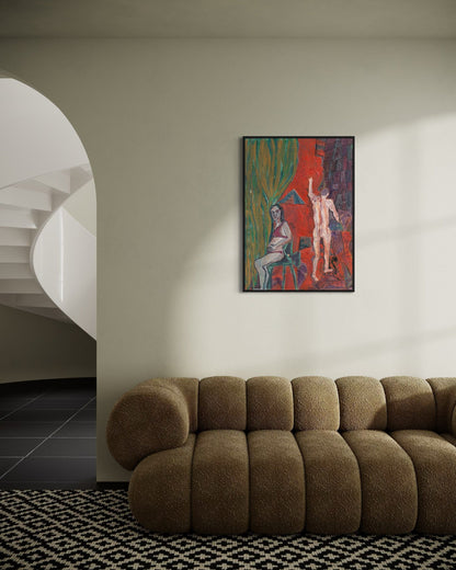 Modern living room with a brown sofa and a colorful abstract painting on the wall.