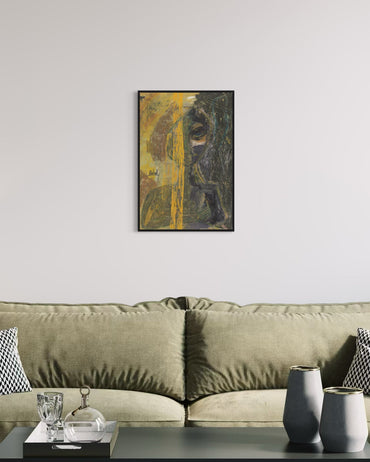 Living room with a beige sofa, decorative pillows, and a framed abstract painting on the wall.