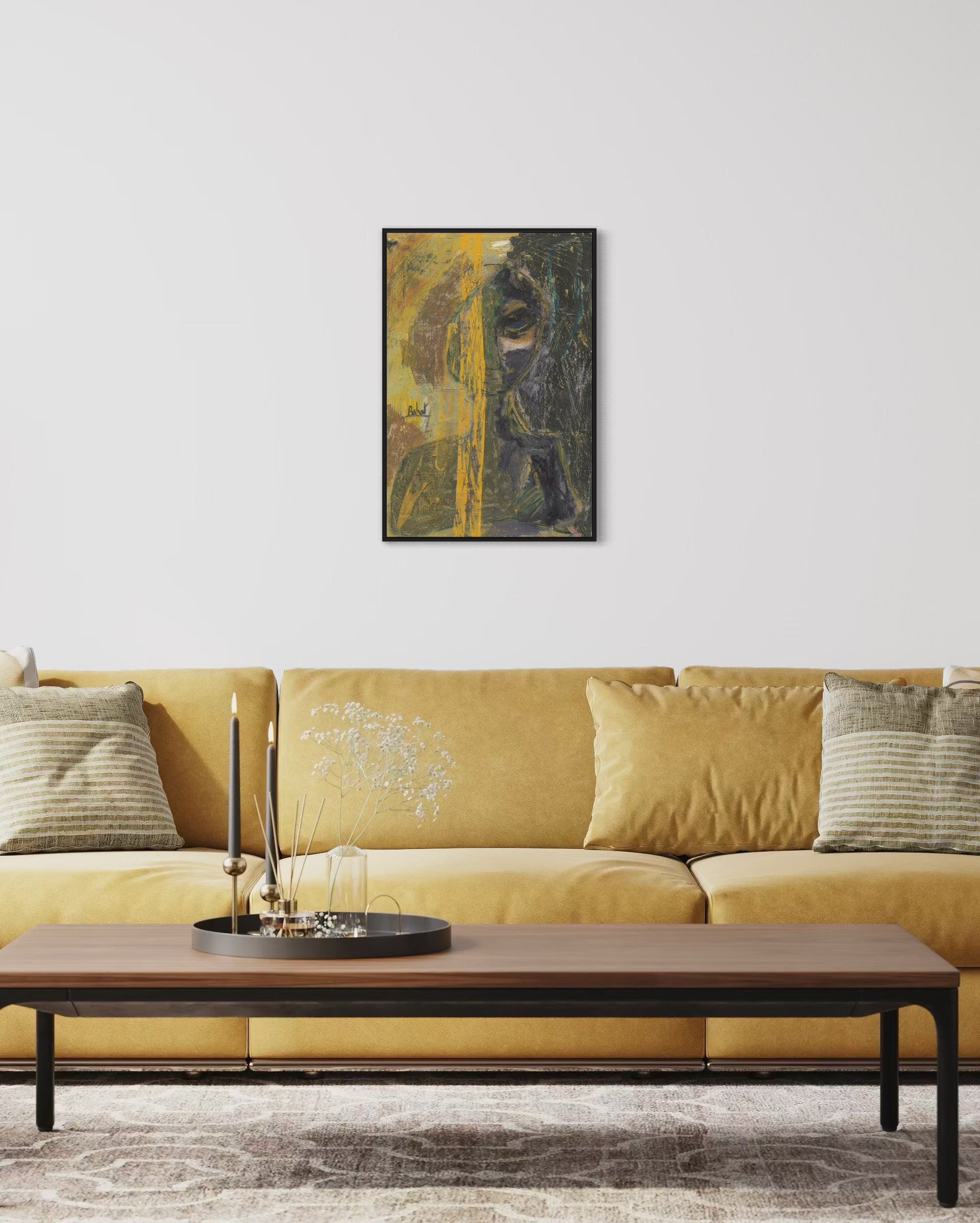 Yellow sofa with a coffee table and abstract painting on the wall