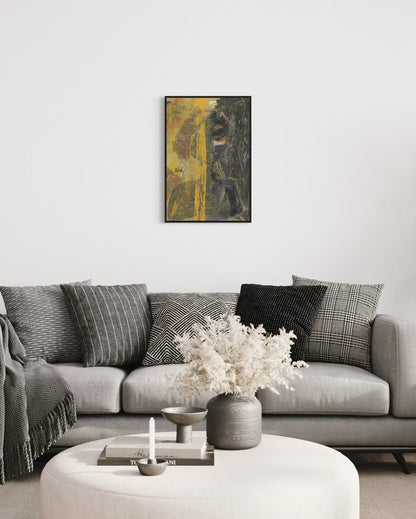 Living room with a gray sofa, decorative pillows, a vase with flowers, and a framed abstract painting on the wall.