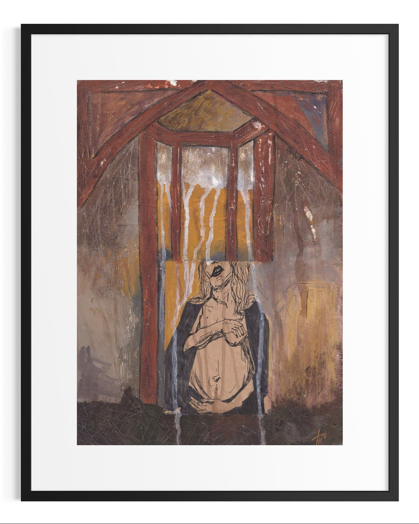 Framed artwork of a figure in a room with a mirror
