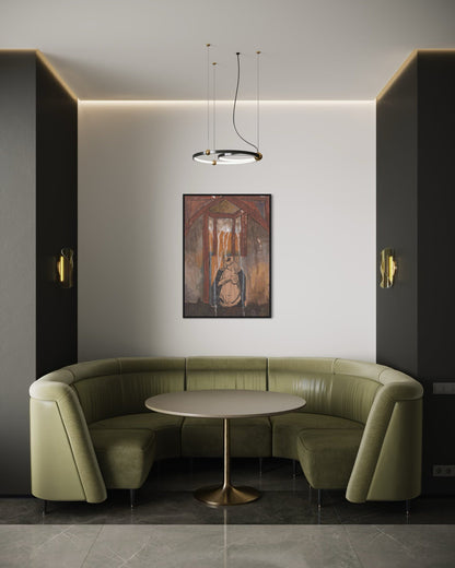 Modern interior with green curved sofa, white round table, and wall art.