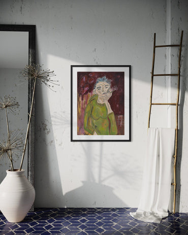 Framed abstract artwork on a wall with decorative elements like a ladder and vase.