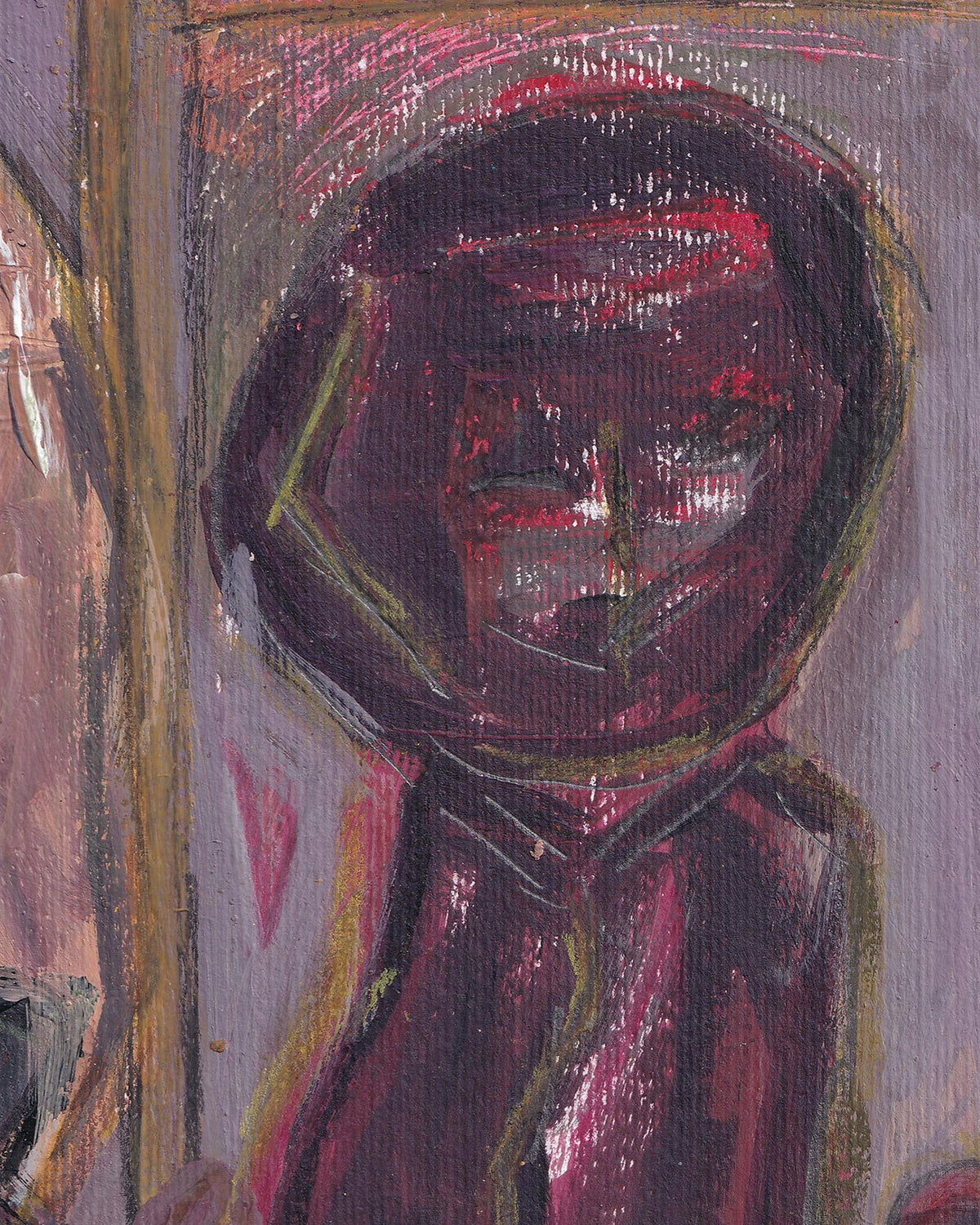Abstract painting of a figure with a helmet on a textured background