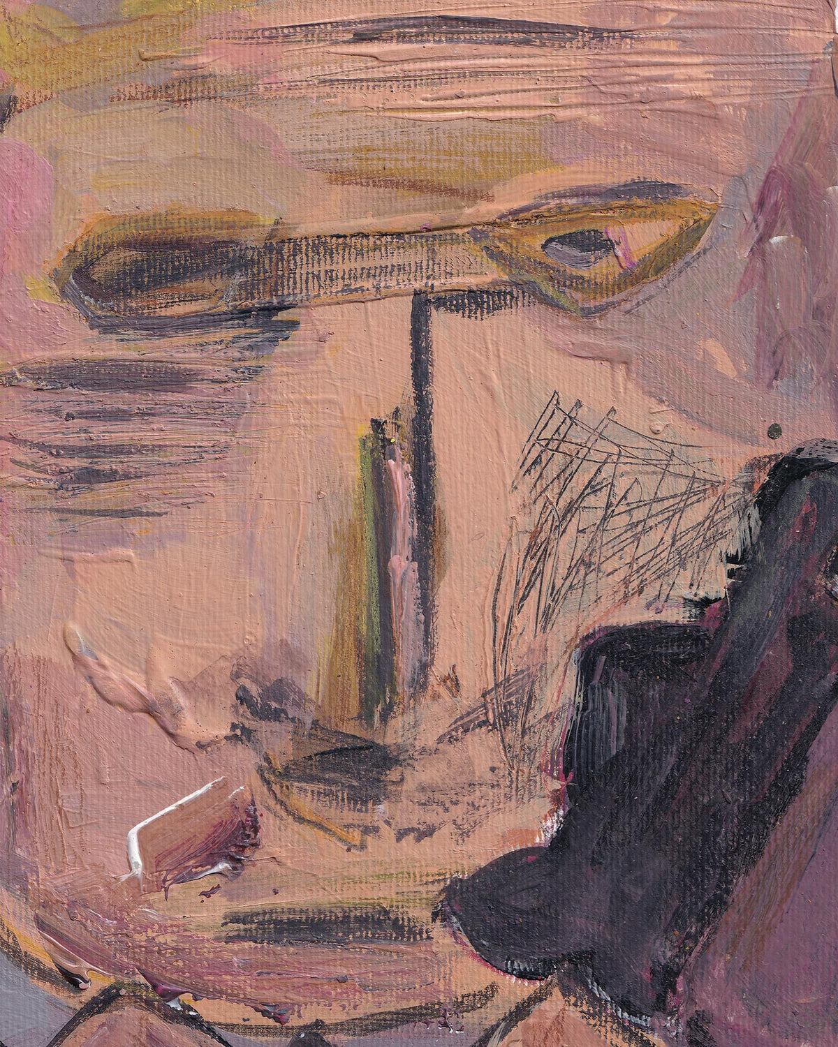 Abstract painting with textured brushstrokes in brown, black, and yellow tones.
