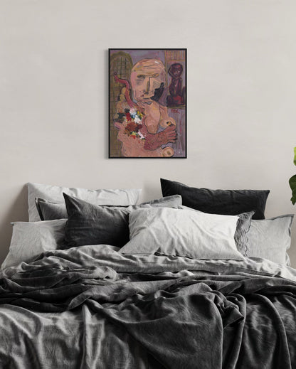 Bedroom with a painting of a man holding a palette on the wall above the bed.