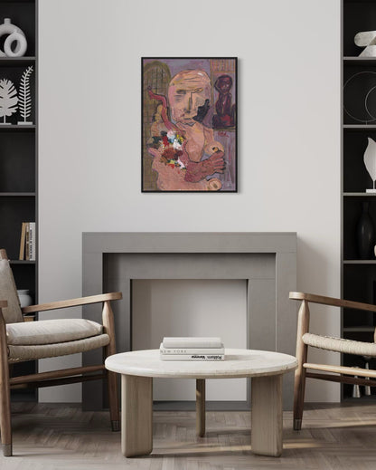Living room with a fireplace, coffee table, chairs, and a colorful abstract painting on the wall.