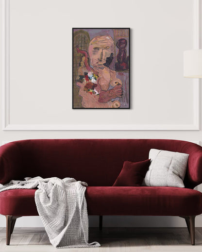 Red sofa with a white blanket and gray pillow, framed artwork above on a white wall.
