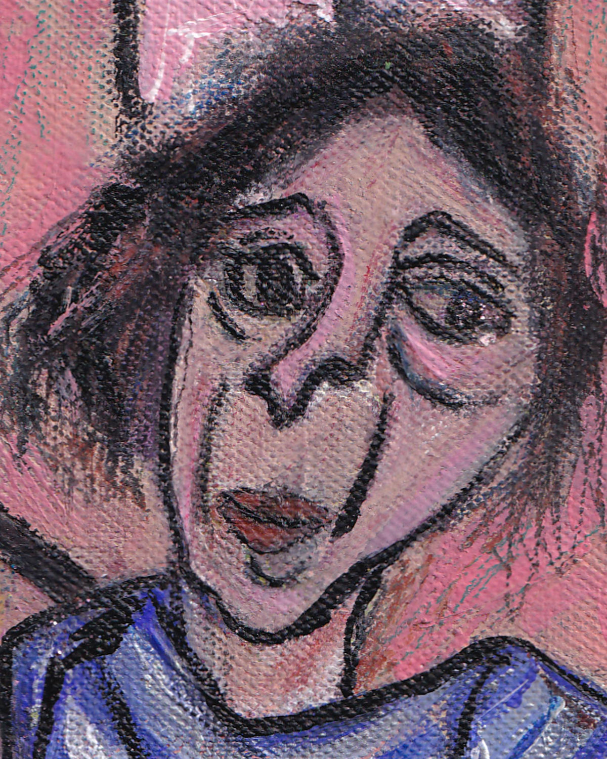Artistic depiction of a person with a stylized face and pink background