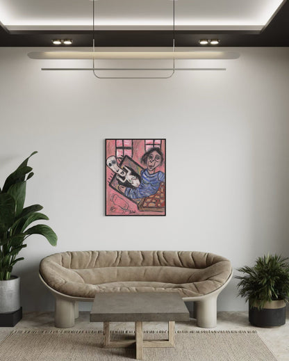 Modern living room with a beige sofa, coffee table, and artwork on the wall.