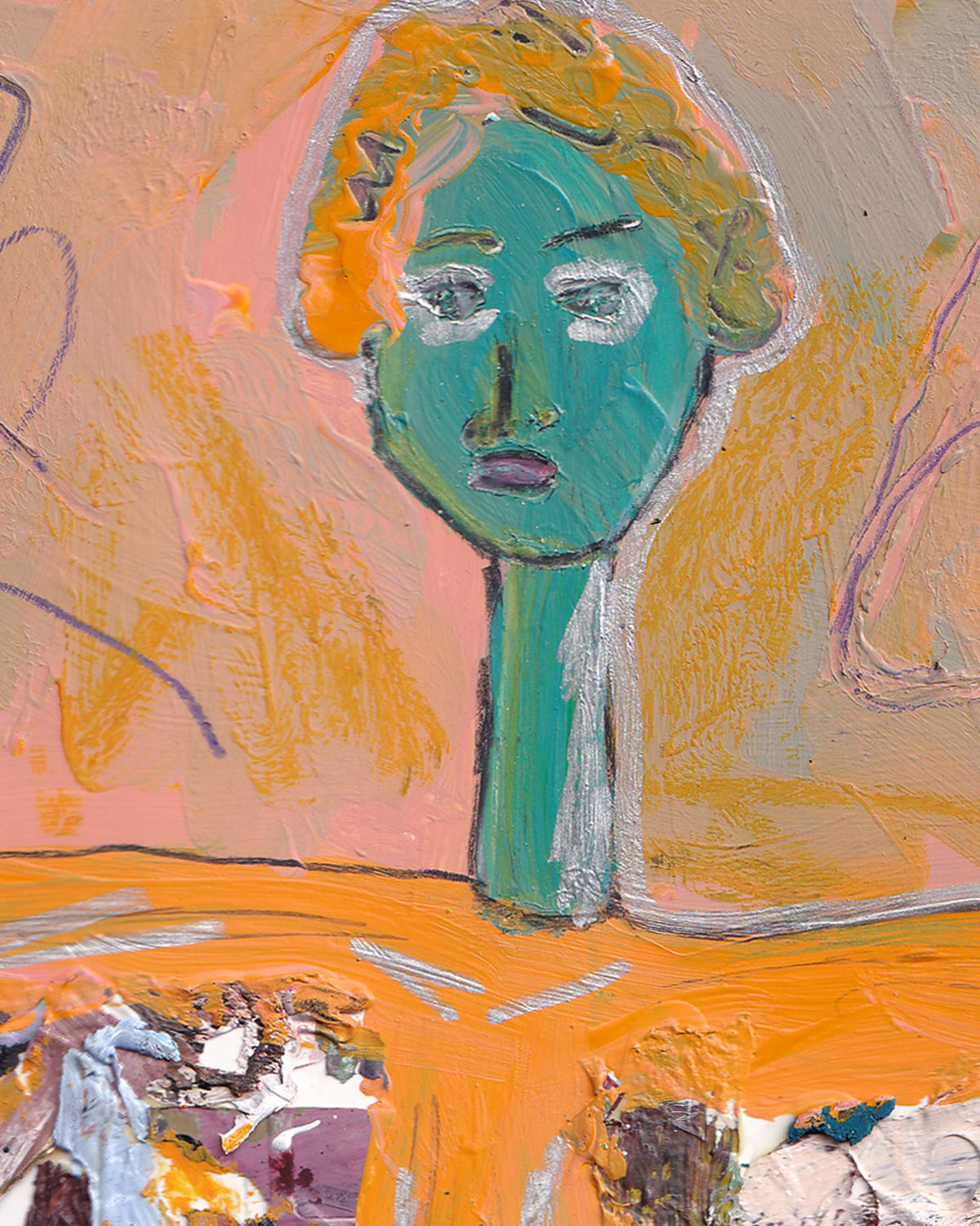Abstract painting of a face with teal skin and yellow hair on an orange background