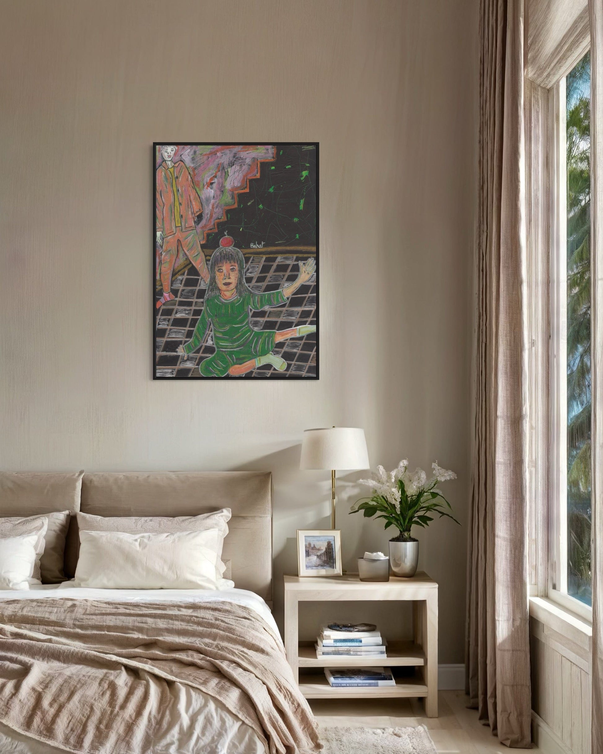 Bedroom with a child's drawing on the wall, lamp, and books on a nightstand.