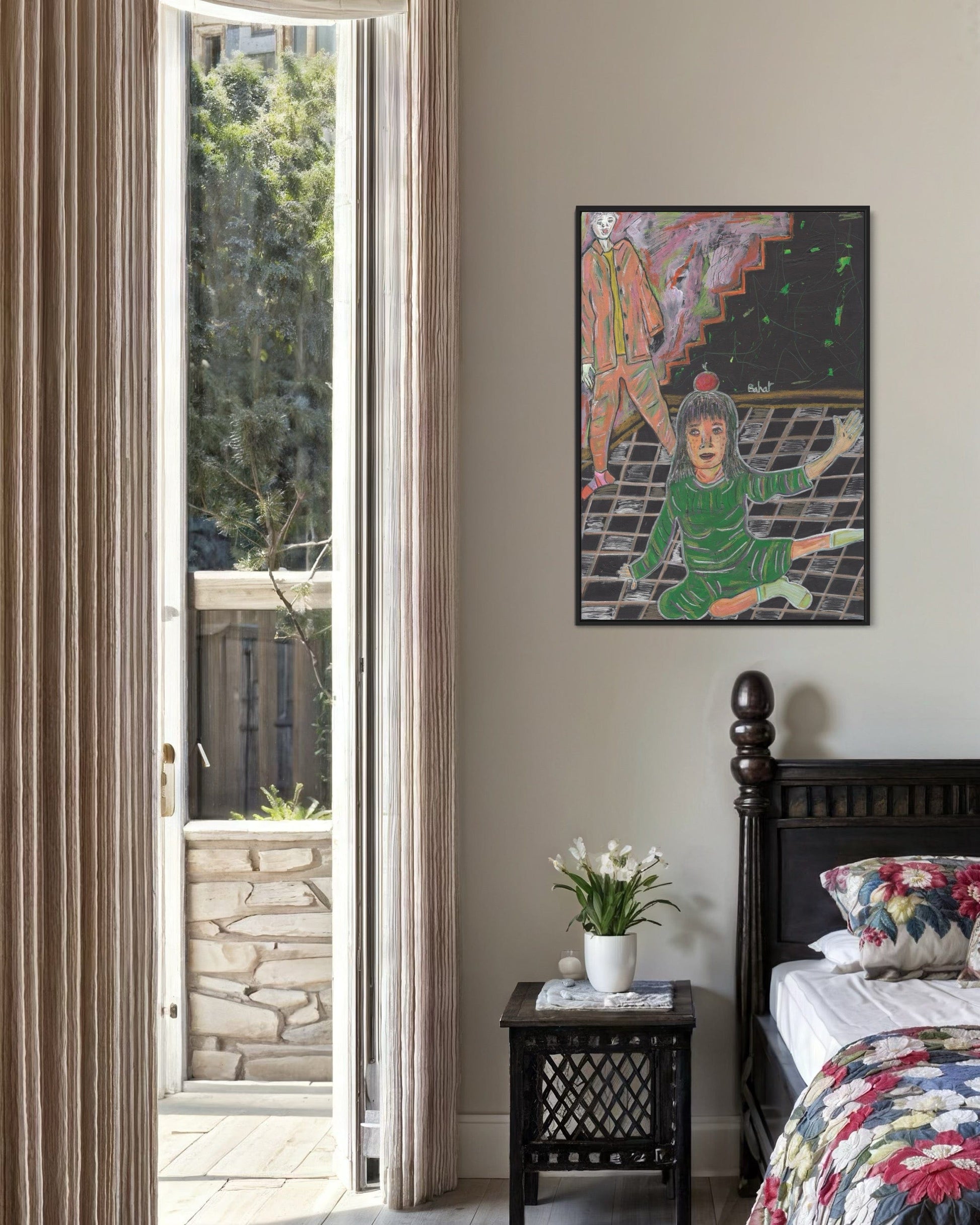Bedroom with a colorful painting on the wall, a bed with floral bedding, and a small table with a plant.