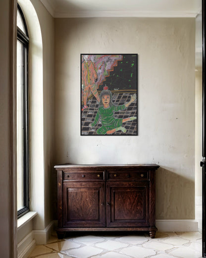 Framed artwork on a wall above a wooden cabinet in a room with a window.