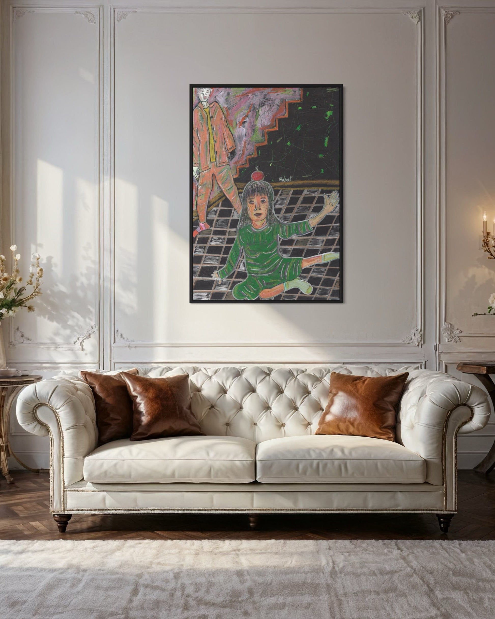 White sofa with brown cushions in a room with a colorful abstract painting on the wall.