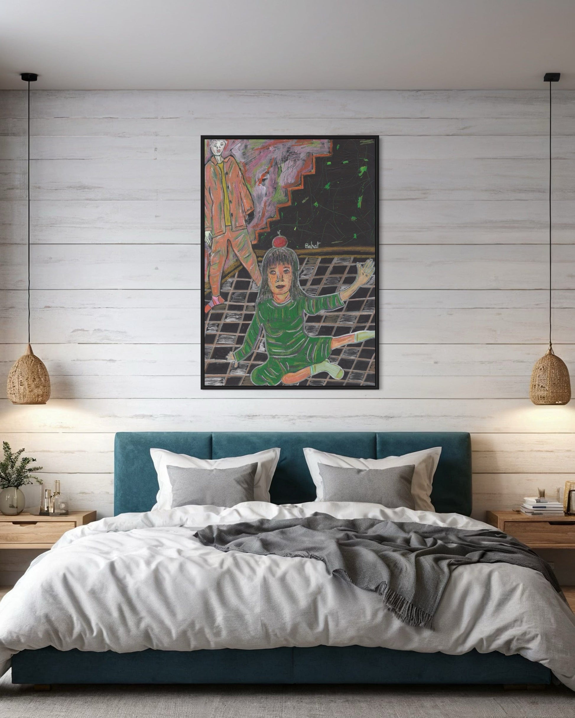 Bedroom with a colorful abstract painting on the wall above a bed.