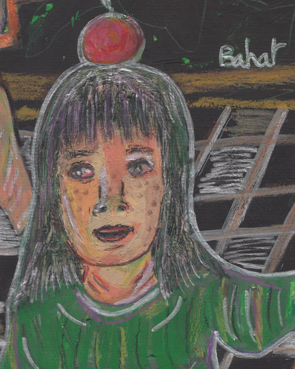Colorful drawing of a person with a red object on their head, set against a black background.