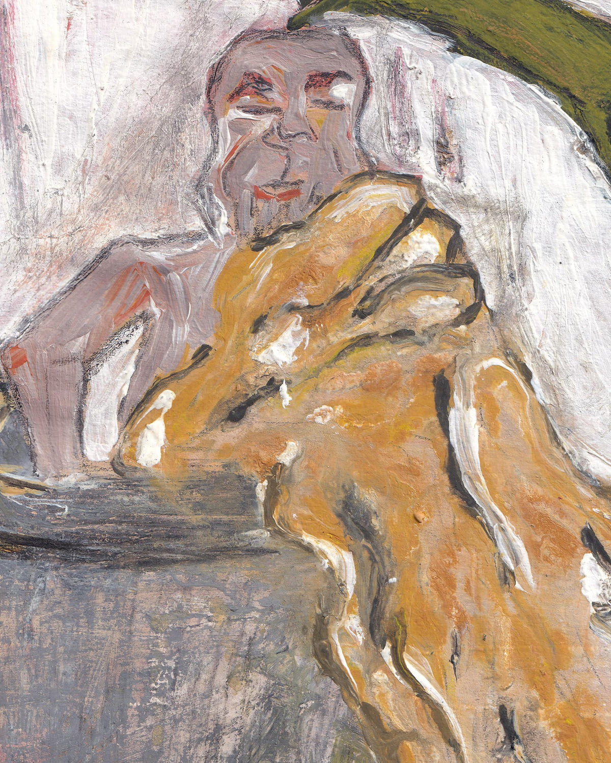 Abstract painting of a figure in a yellow garment with a white background
