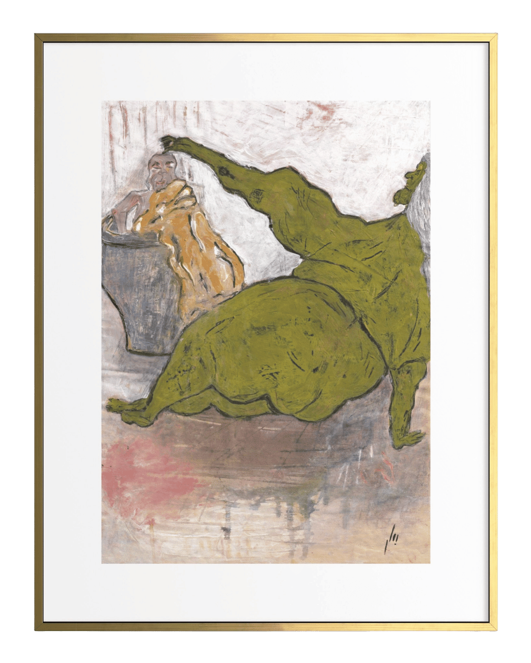 Framed artwork of a green figure and a nude figure in a bathtub.