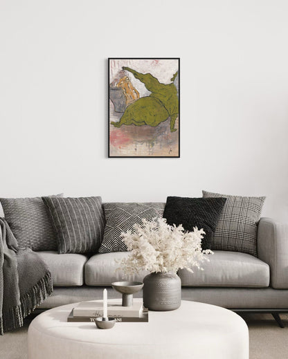 Living room with a gray sofa, decorative pillows, a coffee table with a vase and candles, and a framed abstract art piece on the wall.