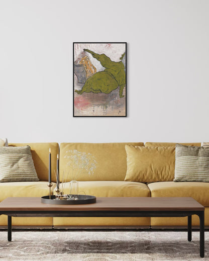Yellow sofa with a coffee table and a framed artwork on the wall in a living room setting.