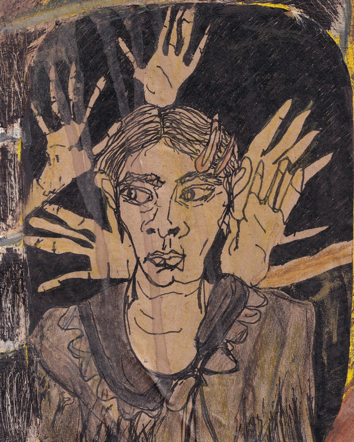 Artistic depiction of a woman's face with hands reaching towards her, on a dark background.
