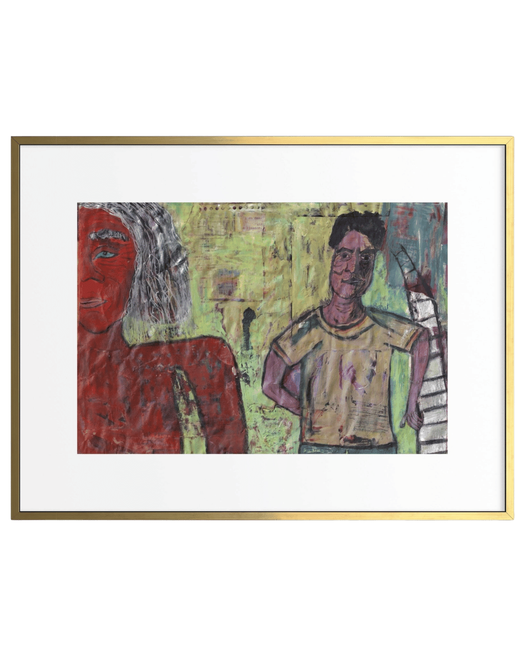 Framed artwork of two people with a green background
