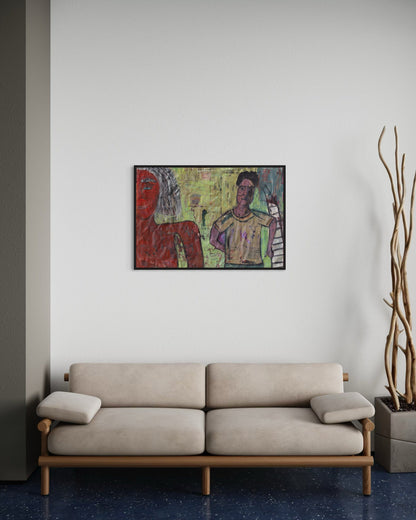 Beige sofa in a room with a colorful abstract painting on the wall.